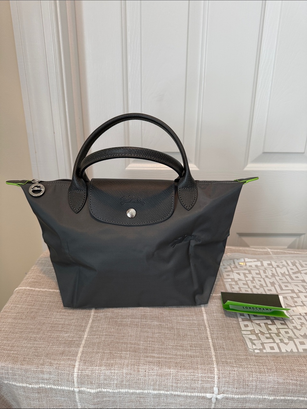 Authentic Gray Longchamp Le Pliage Small Tote with Lime Green Accent